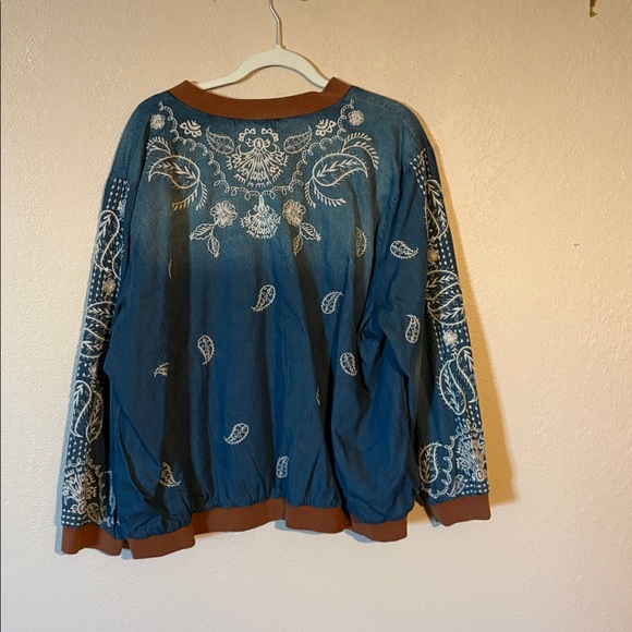 Johnny Was Blue Bomber Jacket with White Embroidery - Picture 4 of 4